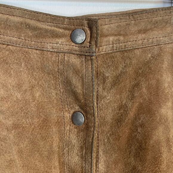 Vintage Tanner Brown Tan Suede Leather Midi A-line Snap Front Skirt Womens 8 26 - Picture 4 of 11